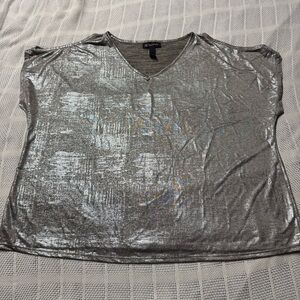 INC International Concepts Shimmery Silver Cold Shoulder V-Neck Tee